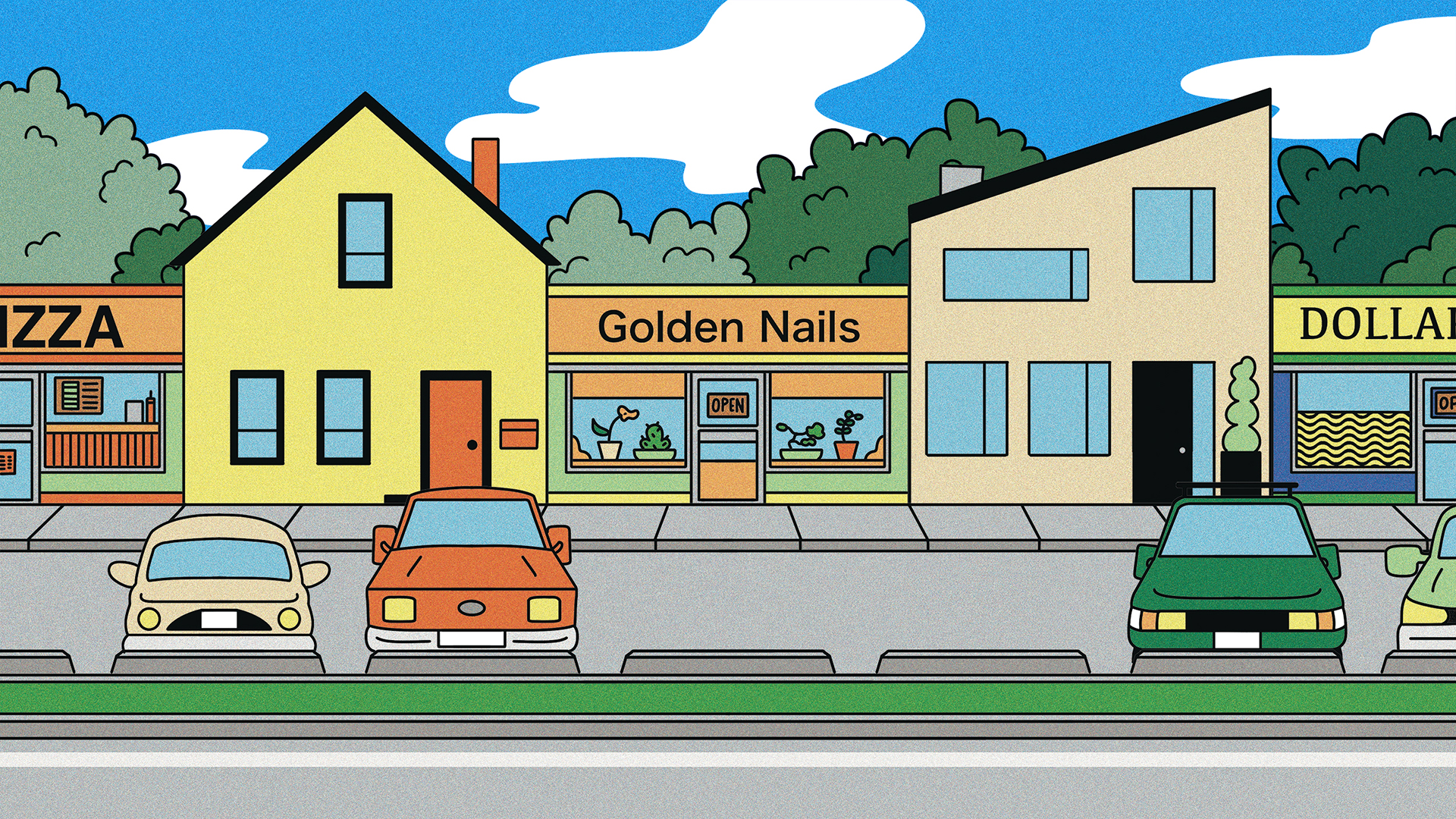 An illustration of a strip mall includes a business that reads “golden nails.” There are cars parked in a lot just in front of them. Two of the businesses are replaced by residential housing.