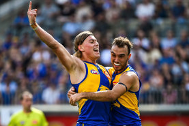 Harley Reid celebrates a goal in West Coast’s win over Richmond.