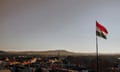 A Hungarian flag is flying over the city of Esztergom, Hungary.