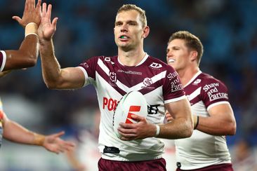 Tom Trbojevic celebrates a try during the round seven NRL match between the Gold Coast Titans and the Manly Sea Eagles.