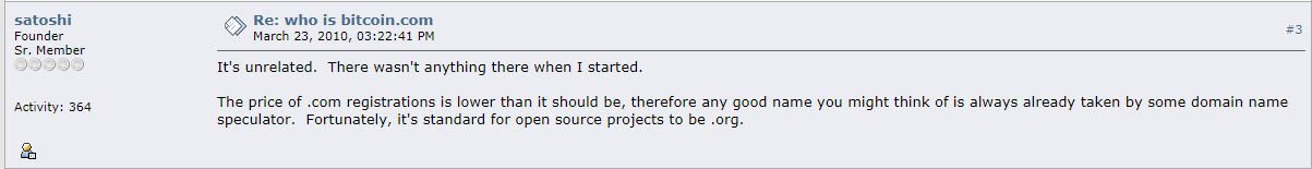 r/Bitcoin - Satoshi Nakamoto about bitcoin.com