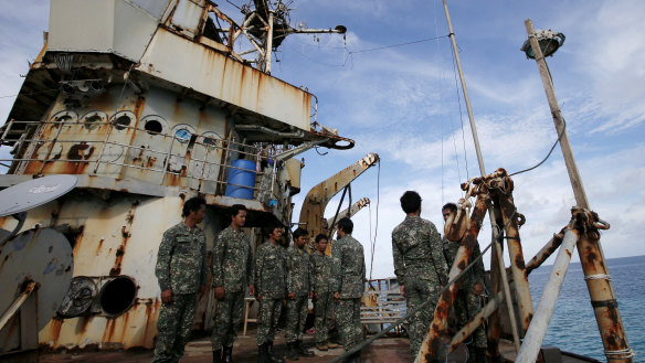 Filipino marines on the dilapidated Sierra Madre, a Second Thomas Shoal outpost, a decade ago.