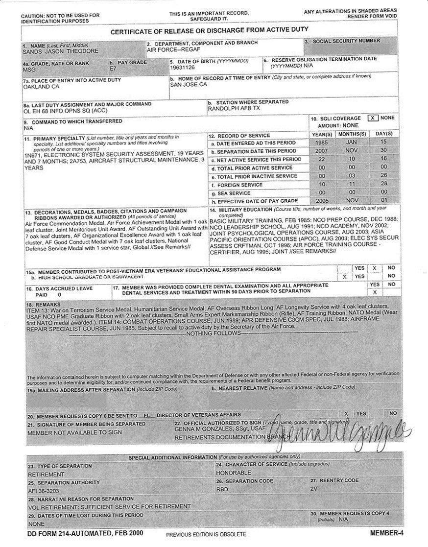 r/UFOs - New whistleblower Jason Sands posts his DD-214 Form confirming he was a former Master Sergeant in the Air Force with an honorable discharge from service.