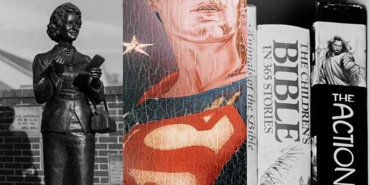 A statue of Lois Lane and a Superman mural in Metropolis, Ill., and Bibles at the town's library.