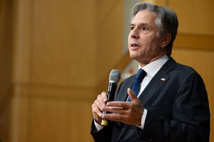 Secretary of State Antony Blinken participates in a Open Forum on Fentanyl with Maggie Nardi at the State Department in Washington, DC July, 17 20203.