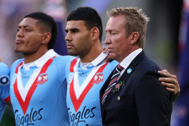 Roosters coach Trent Robinson is back standing behind the waterfall.