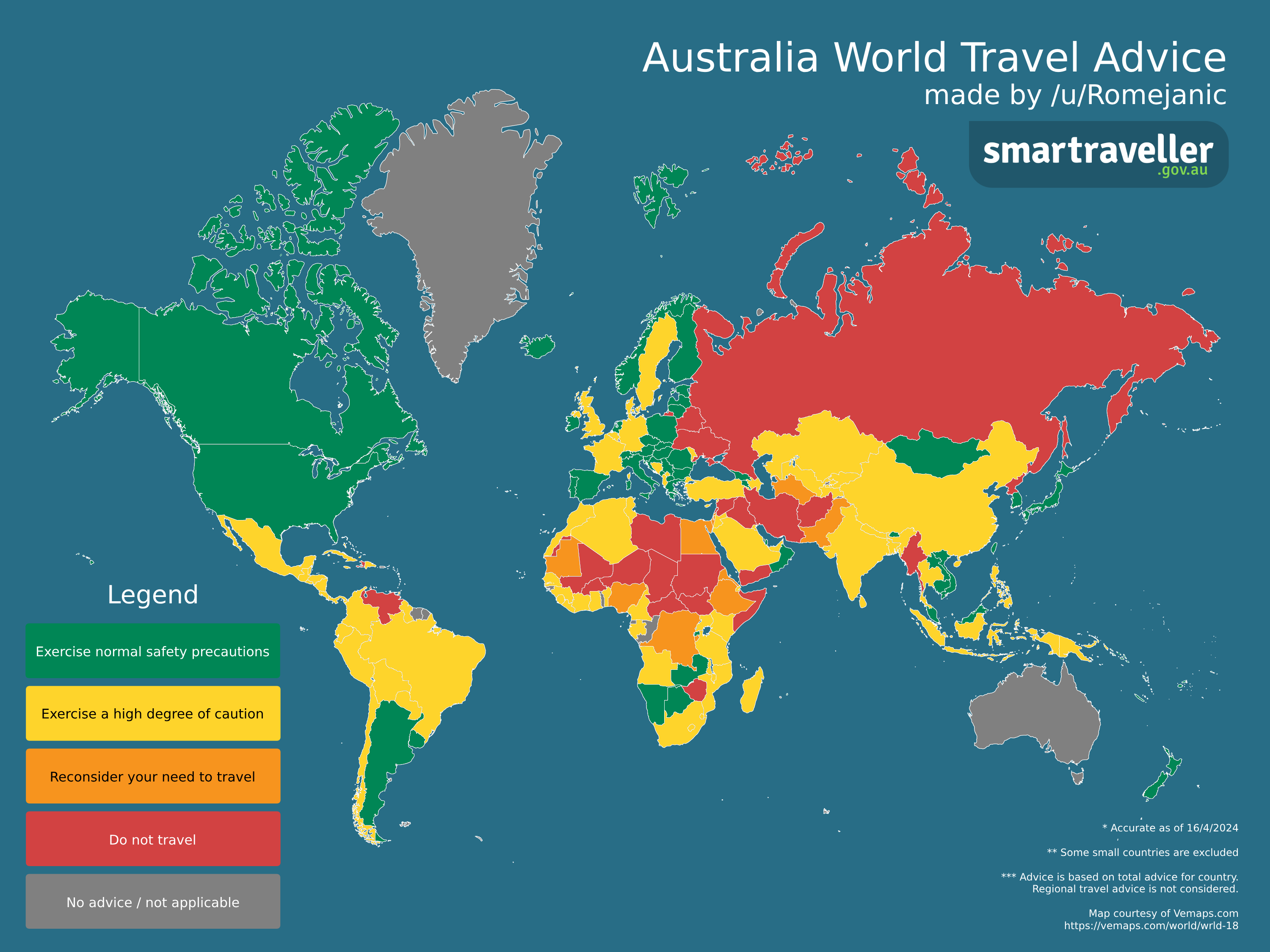 r/dataisbeautiful - [OC] World map by Australian travel advice
