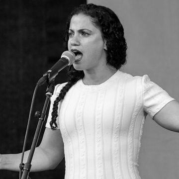 Black and white photo of Emel Mathlouthi