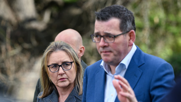 Then Victorian deputy premier Jacinta Allan and then premier Daniel Andrews announcing the decision to cancel the 2026 Commonwealth Games in July 2023.