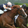 Just Folk charges home to win the Eclipse Stakes at Caulfield in December.