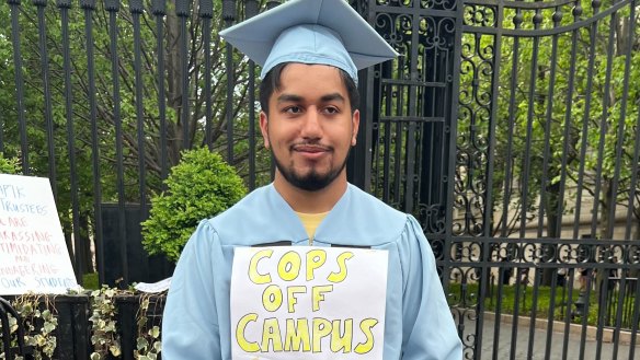 Columbia student Suleyman Ahmed in his graduation robe at the university in New York on Thursday.