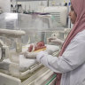 Palestinian baby girl, Sabreen Jouda, who was delivered prematurely after her mother was killed in an Israeli strike, receives treatment in the Emirati hospital in Rafah, southern Gaza Strip, last Sunday.