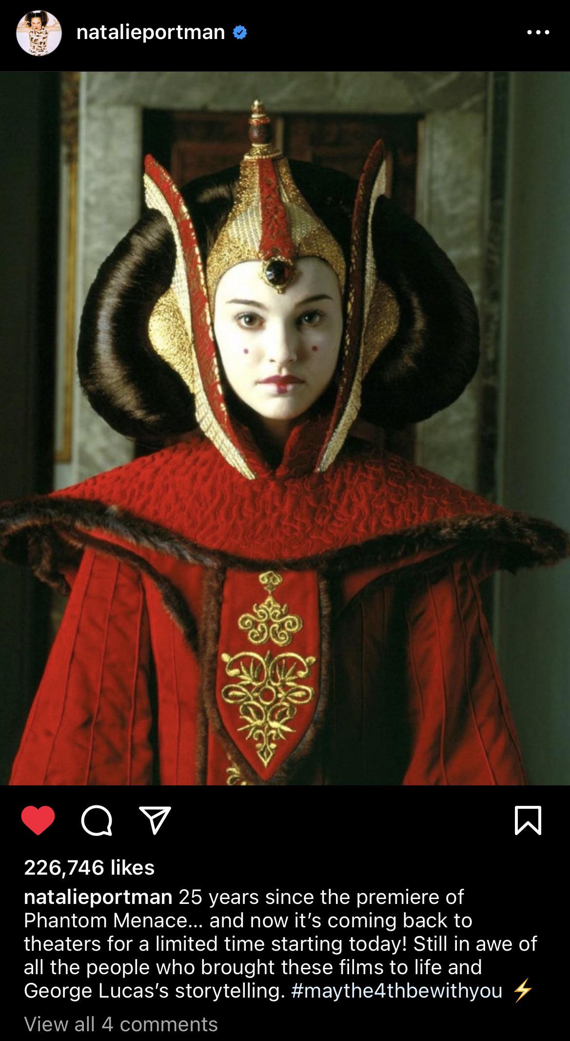 r/StarWars - Natalie Portman celebrates The Phantom Menace in May the 4th post! ❤️