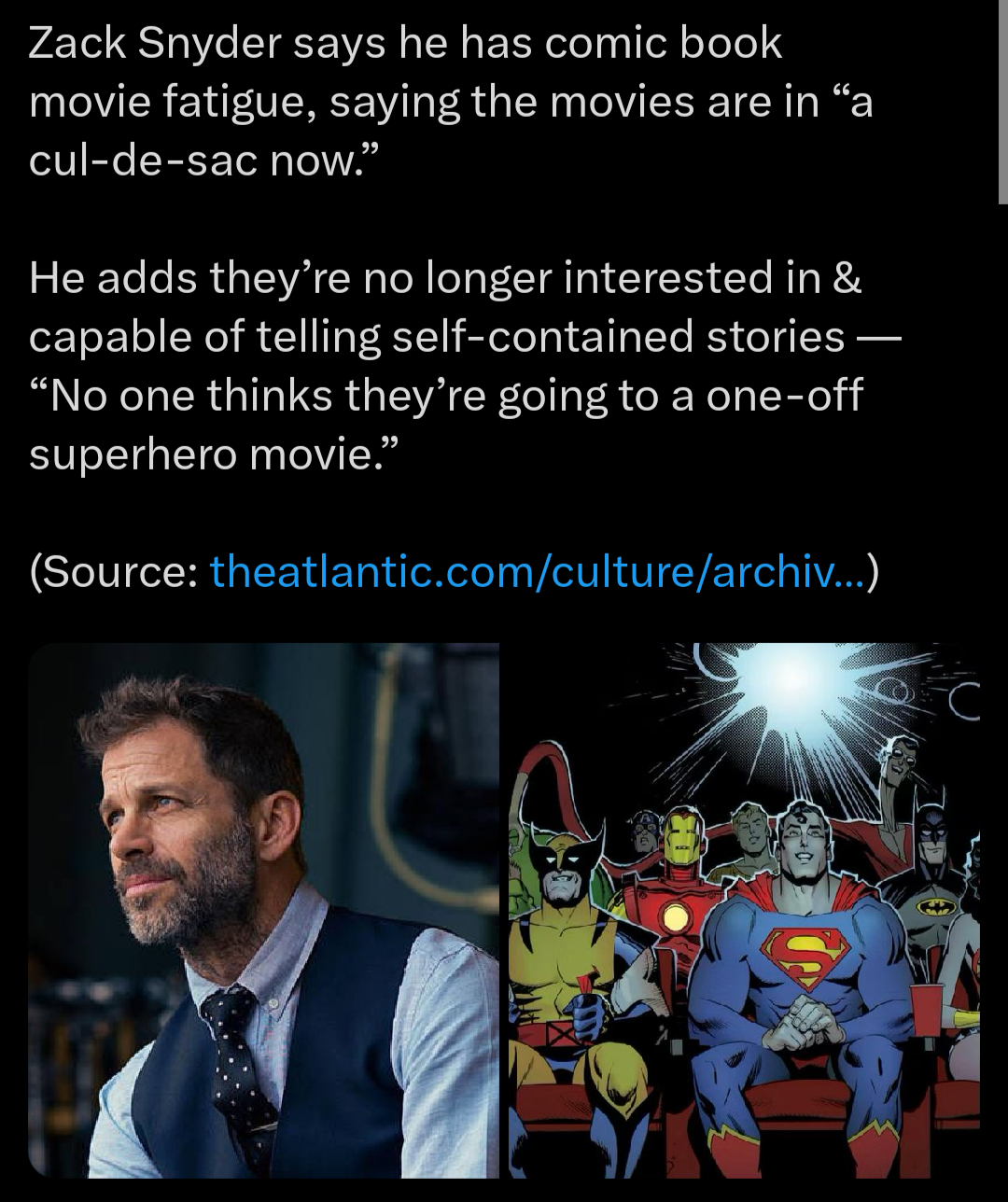 r/comicbookmovies - Zack Snyder discusses why he's developed comic book movie fatigue