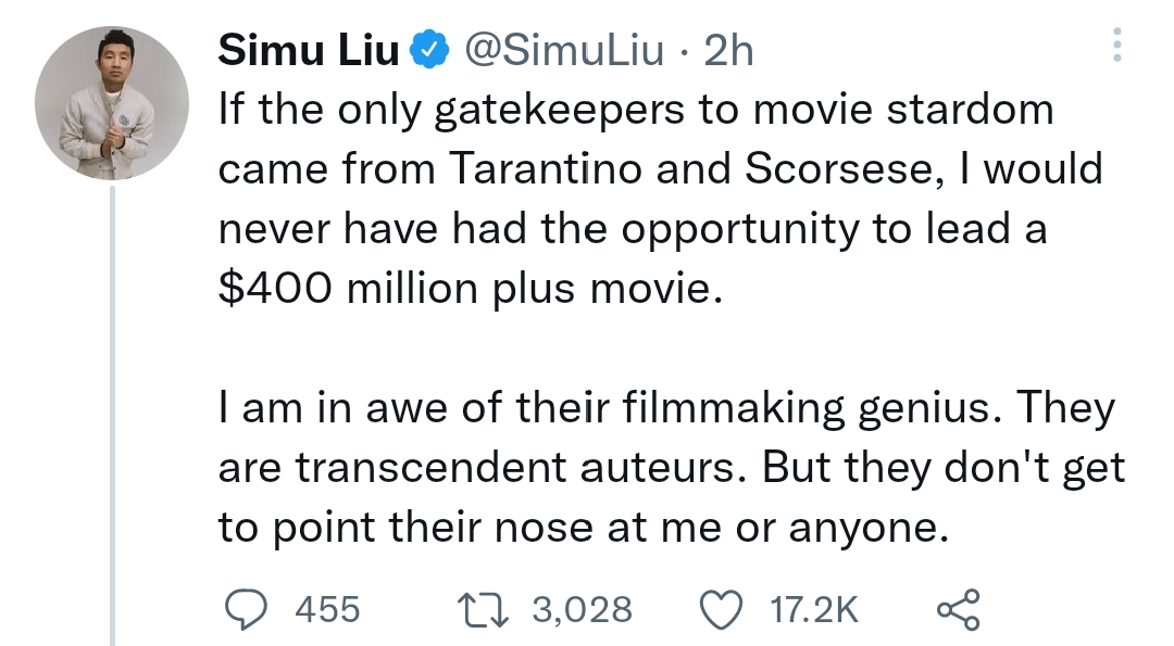 r/marvelstudios - Simu Liu's reply to Quentin Tarantino's latest remarks on comic book actors
