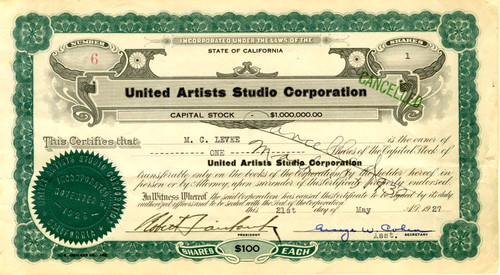 United Artists Studio Corporation signed by Robert Fairbanks and George W. Cohen (Issued to and signed by M.C. Levee ) - California 1927