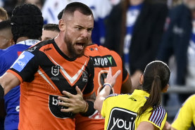 Tigers prop David Klemmer was sin-binned for dissent involving referee Kasey Badger.