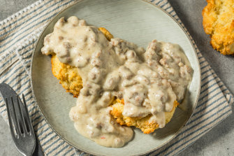 Not your typical biscuits… Southern-style biscuits and gravy.