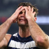 Tom Hawkins of the Cats looks dejected after losing to Melbourne.