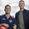 Tom Hawkins (second from left) on Tuesday at GMHBA stadium with fellow Cats icons Jimmy Bartel, Joel Selwood, and Ian Nankervis.