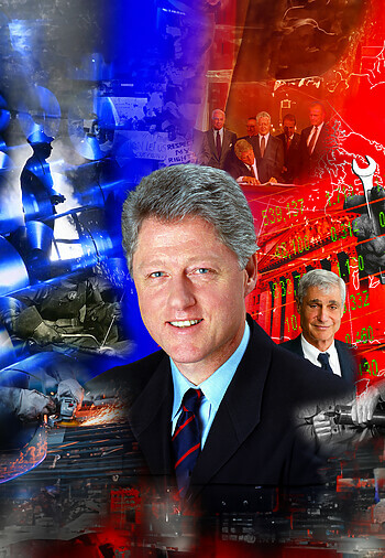 A collage of featuring a portrait of Bill Clinton with former U.S. secretary of the treasury Robert Rubin in the background. Behind them both are two panels of red and blue-tinted images depicting workers and government officials.