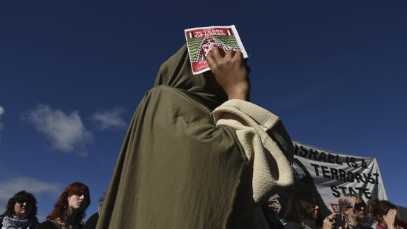 Students and supportrers attend a rally protesting Israel’s war in Gaza at an encampment at University of Sydney. 