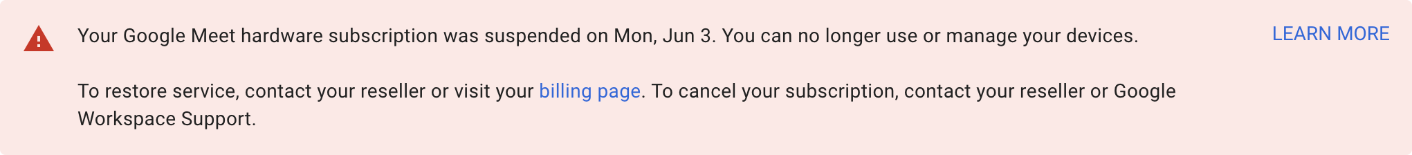 Meet hardware subscription has been suspended.