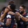 Filipo Daugunu of the Rebels celebrates a try during the round two Super Rugby Pacific match.