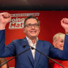 Premier Daniel Andrews celebrates Labor’s win on election night last year.