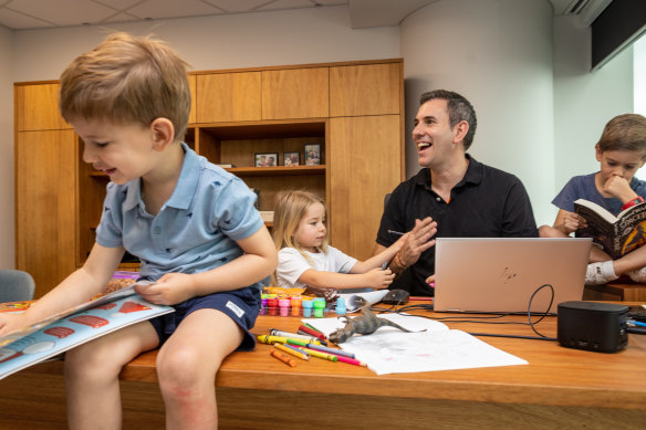 Treasurer Jim Chalmers prepares for his first budget in 2022 with children Jack (left), Annabel and Leo.