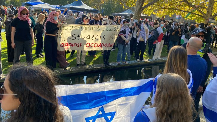 An uneasy stand-off formed at Melbourne University this month between a Jewish community rally and students protesting against university ties to weapons companies and Israel’s war in Gaza. 