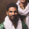 Mdou Moctar (left), with band: rhythm guitarist Ahmoudou Madassane, drummer Souleymane Ibrahim, and bassist Mikey Coltun.