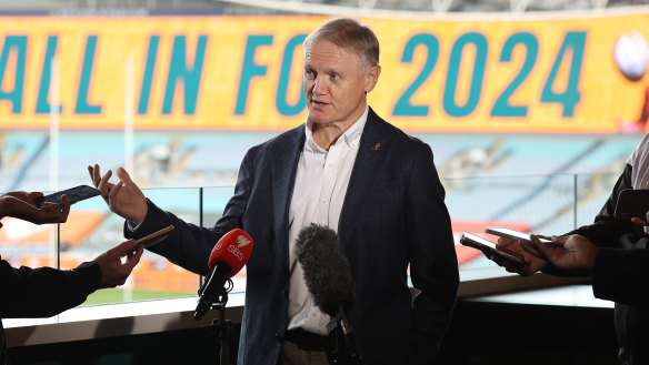 Wallabies coach Joe Schmidt speaks to media at Accor Stadium.