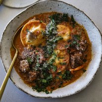 One-pan slurpy creamy tomato and fennel ravioli with optional spicy sausage.