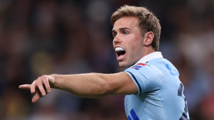 SYDNEY, AUSTRALIA - APRIL 26: Will Harrison of the Waratahs reacts during the round ten Super Rugby Pacific match between NSW Waratahs and Chiefs at Allianz Stadium, on April 26, 2024, in Sydney, Australia. (Photo by Mark Kolbe/Getty Images)