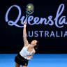 Karolina Pliskova of the Czech Republic serves in her match against Naomi Osaka of Japan during day four of the  2024 Brisbane International at Queensland Tennis Centre. 