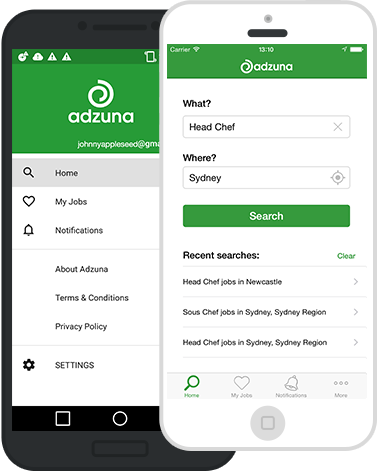 Screenshots of the Adzuna iOS and Android mobile apps