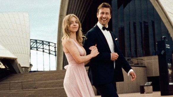 Sydney Sweeney and Glen Powell in Anyone But You.