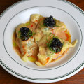 King prawn dumplings with tapioca “caviar”.