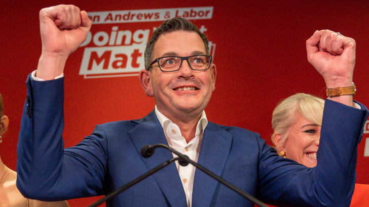 Premier Daniel Andrews celebrates Labor’s win on election night last year.