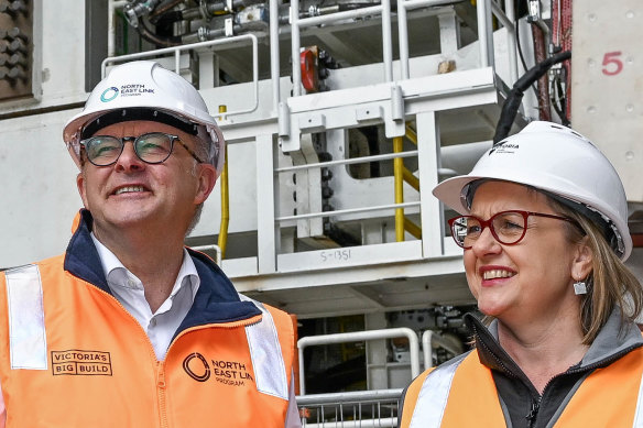 Prime Minister Anthony Albanese and Premier Jacinta Allan touring the North East Link site on Thursday.