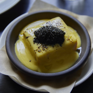 Baked egg, caviar, sweet corn puree.