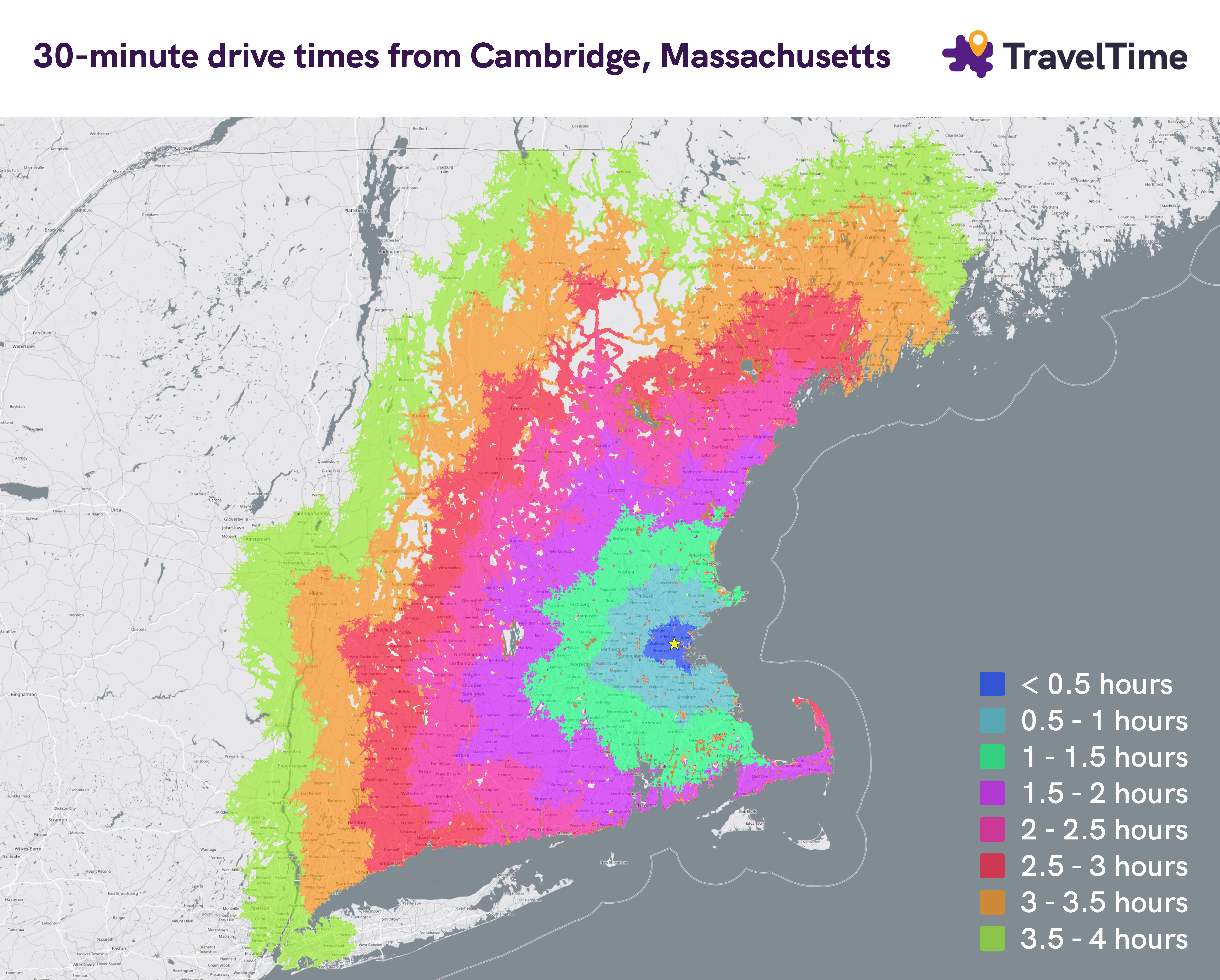 r/dataisbeautiful - [OC] Visualising how far you can travel from Cambridge, Massachusetts in 4 hours