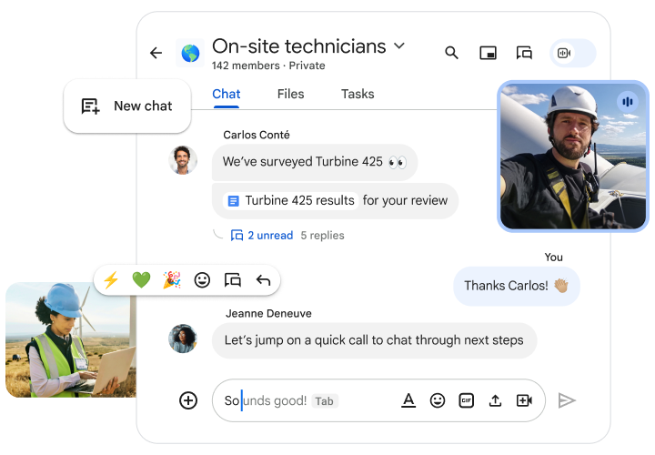 Montage van een Google Chat-venster van technici op locatie die windmolens installeren, en andere UI-elementen.