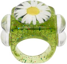 Handcrafted signet ring in green resin. Glittered detailing throughout. · Floral accent at face and sides · Logo embossed at side Available exclusively at SSENSE. Part of the La Manso x Tetier Bijoux collaboration. Each item is unique. Please note that coloration may vary. Supplier color: Green base/Daisy