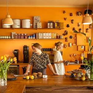 The apricot walls set the pattern at Brunswick East’s Suntop Plaza.