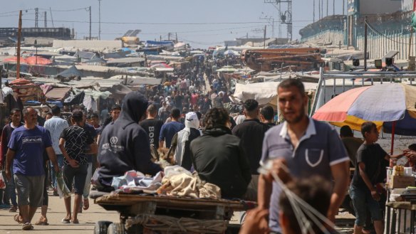 Displaced Palestinians at a temporary camp in Rafah on Saturday.