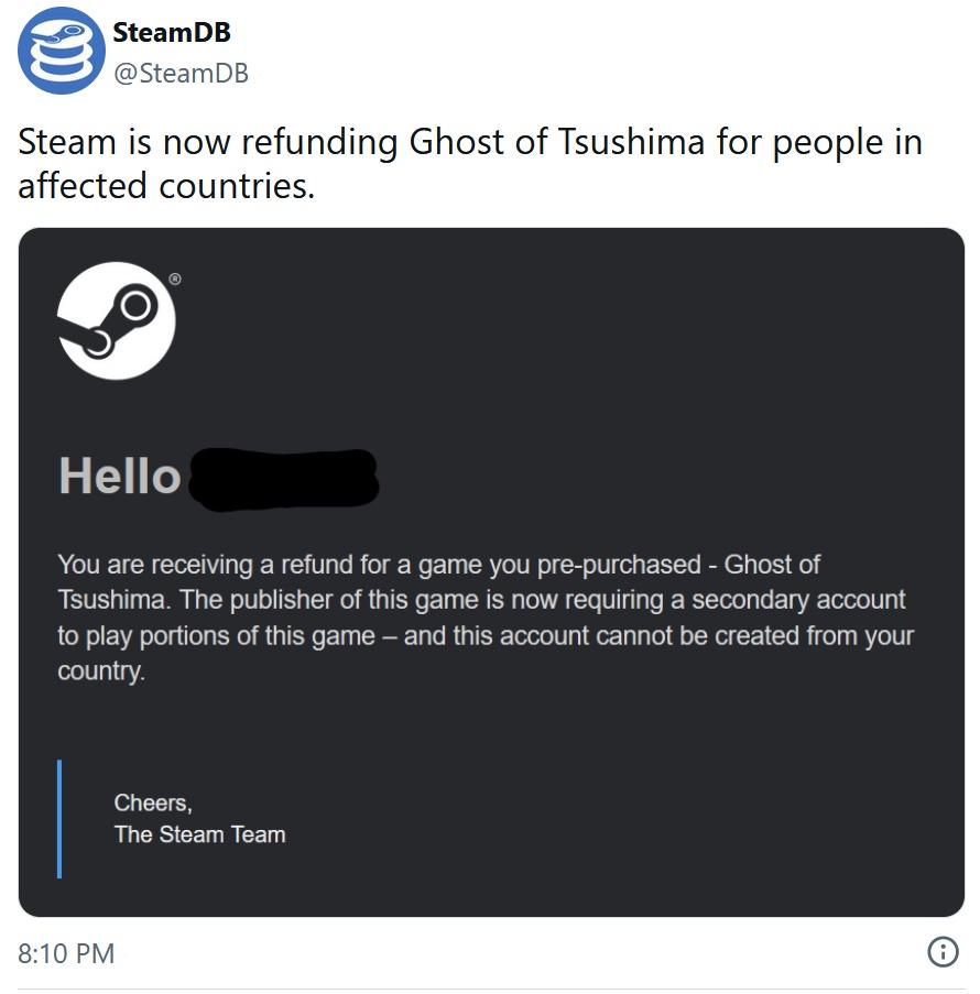 r/Steam -  Ghost of Tsushima buyers of blocked countries will be reimbursed 