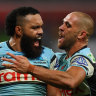 Siosifa Talakai celebrates his try against the Storm.