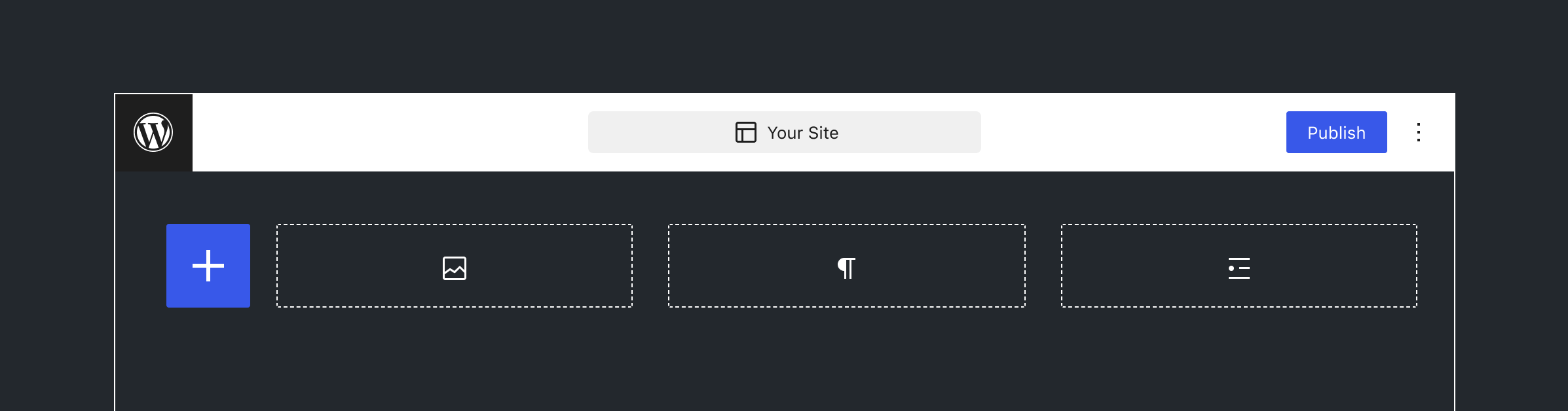 Vista del editor de WordPress que muestra el esquema de tres bloques con un ícono de inserción.